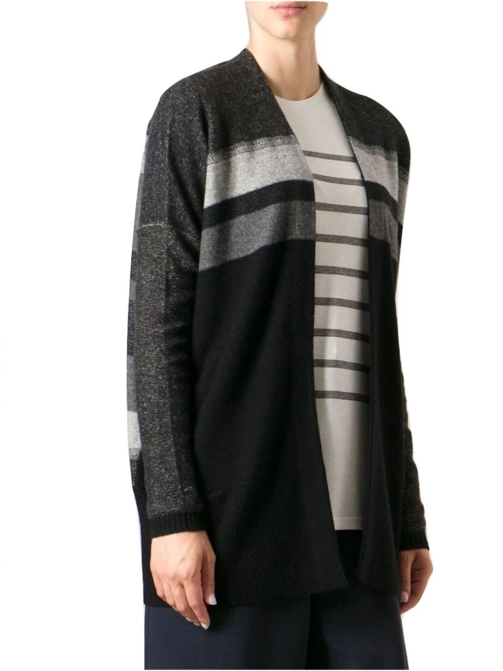 Vince Variegated Stripe Oversized Cardigan Black Gray Cashmere Blend Sweater S